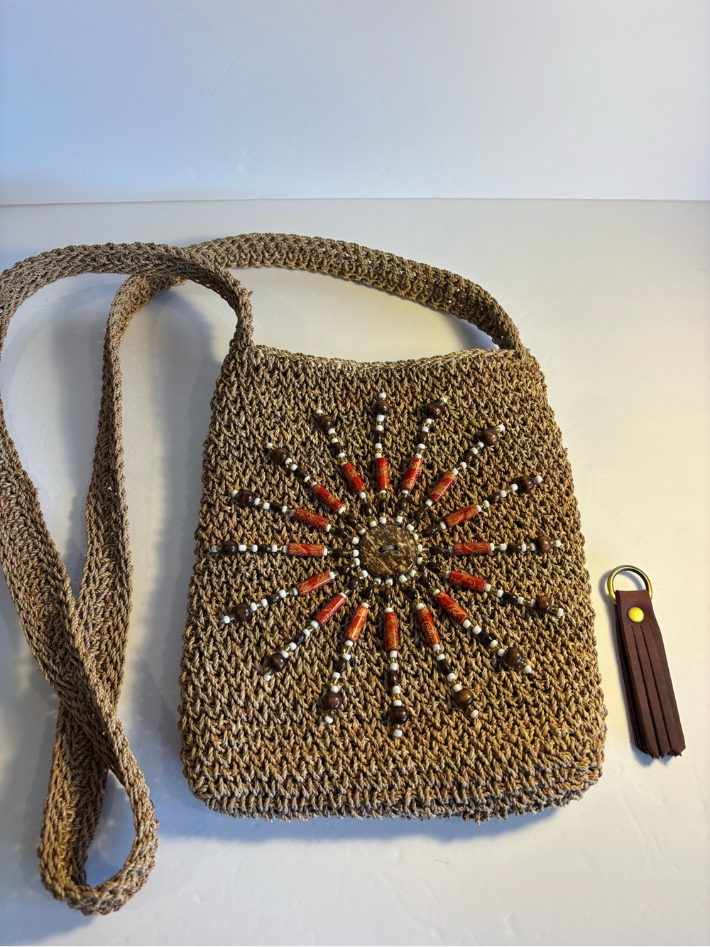 Handwoven Brown Beaded Crossbody Bag